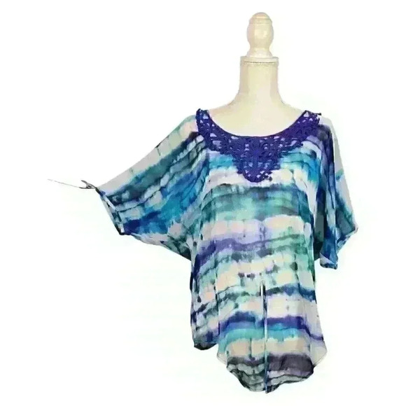 CHAUS Woman Multi-Color Top Sheer TIE Hem Lightweight OCEAN Colors size Lg 10 12 - Picture 3 of 14